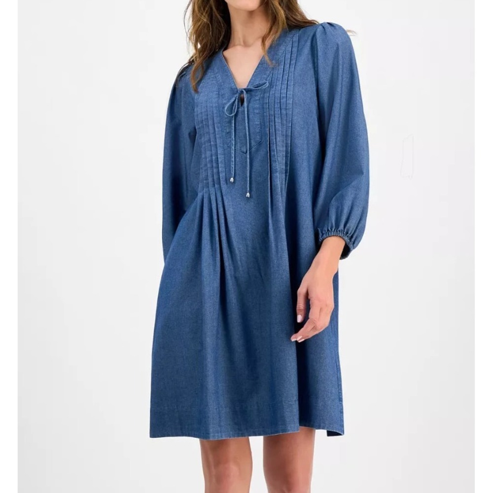 Robbie Bee Blue Denim Cotton Dress Size‎ M Button Tie Front NWT